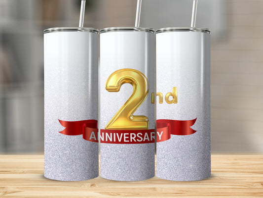White tumbler with "2nd Anniversary" and gold "2" on red ribbon.