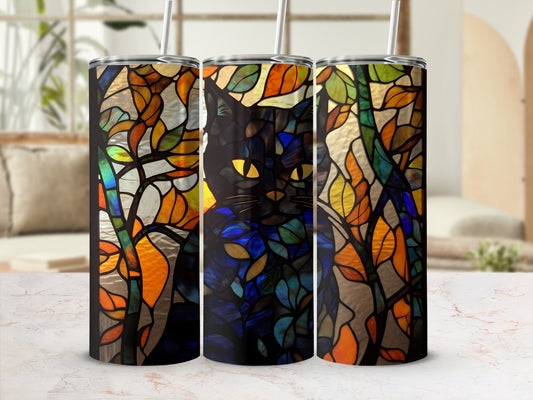 Black cat with stained-glass design on a tumbler.