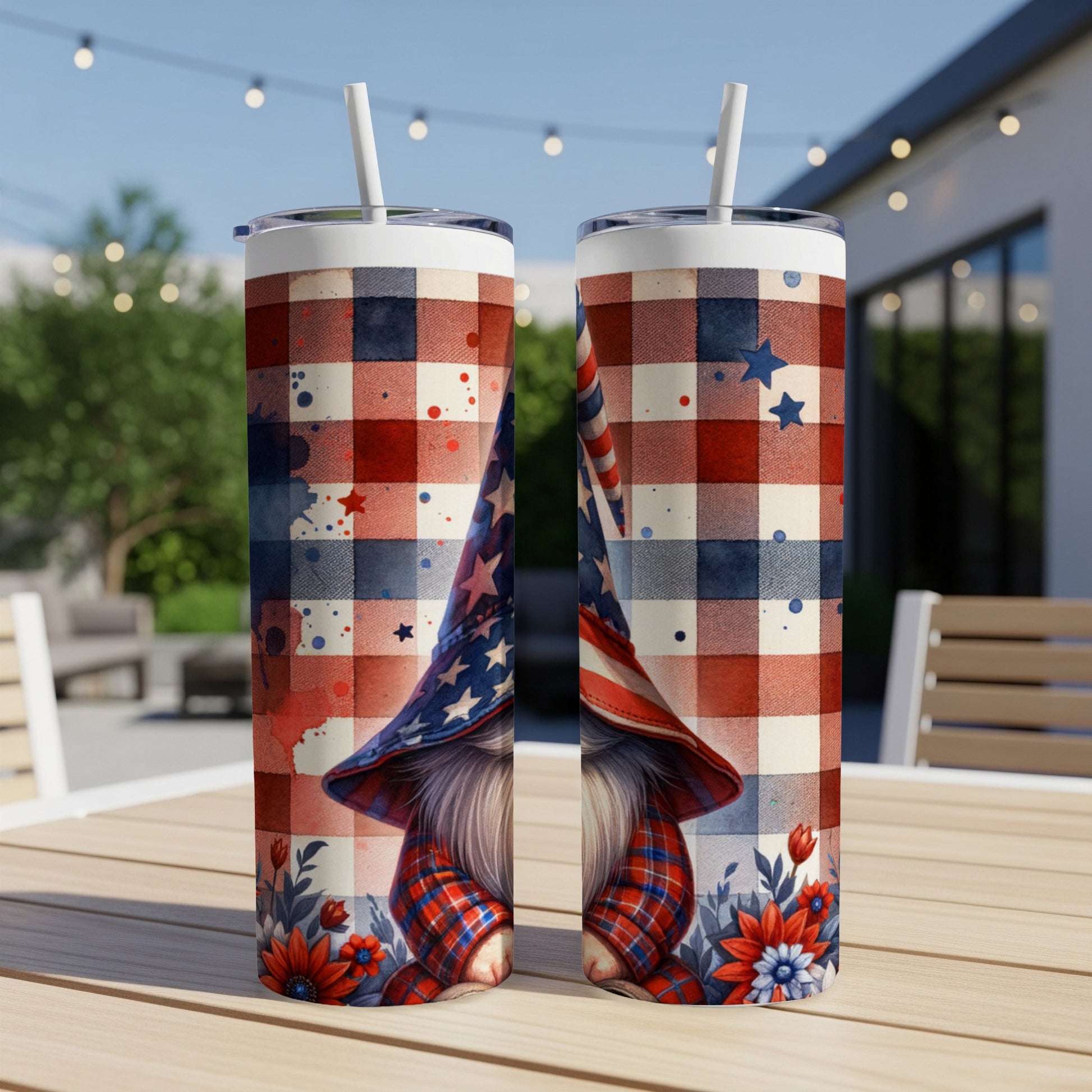 Two patriotic gnomes on tumblers with red, white, and blue plaid and stars.