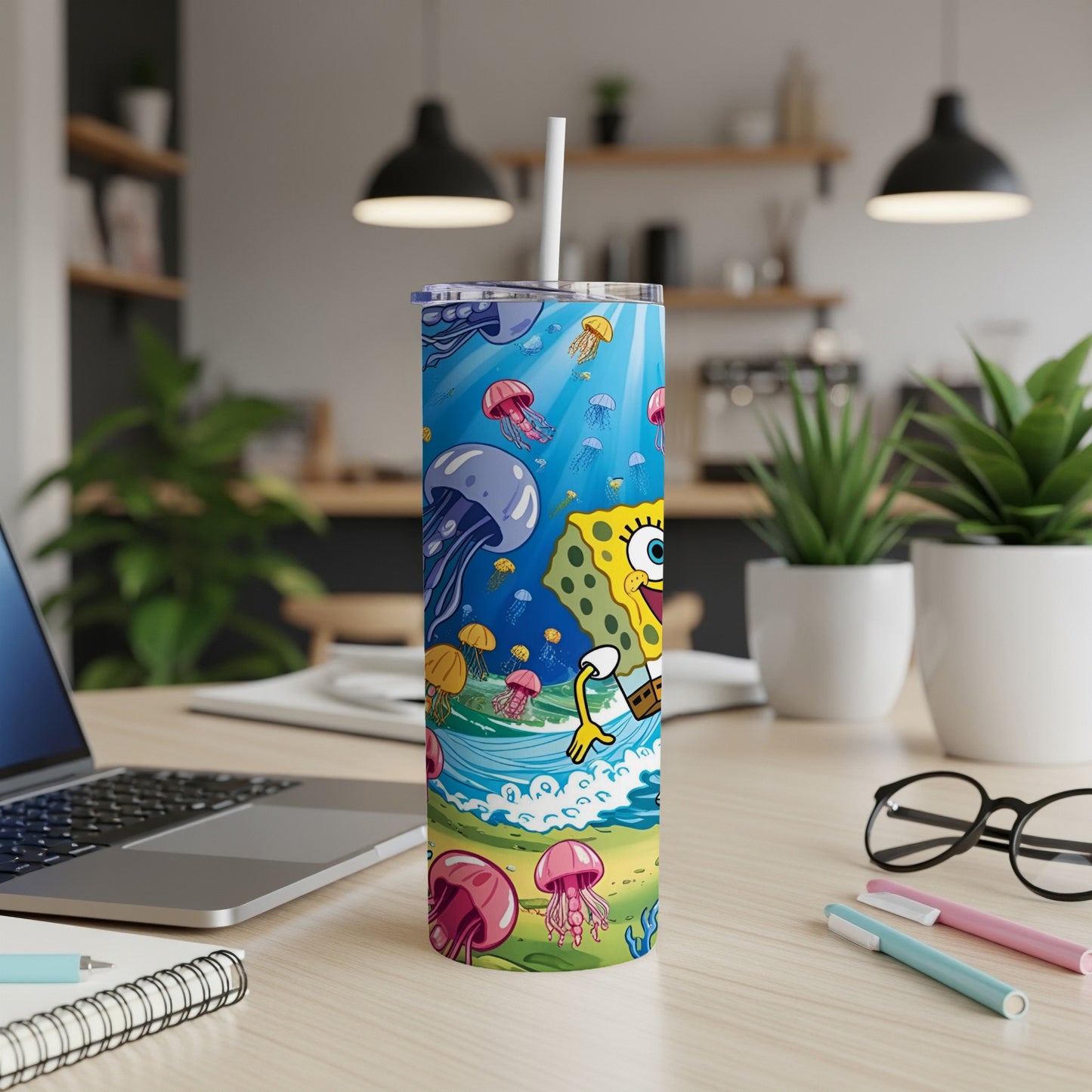 SpongeBob SquarePants character with jellyfish and waves on a tumbler.