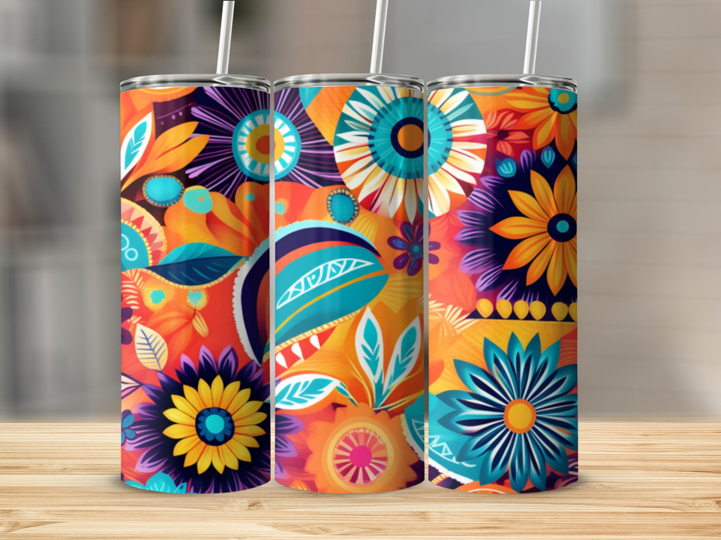 Three colorful tumblers with vibrant floral and abstract patterns.