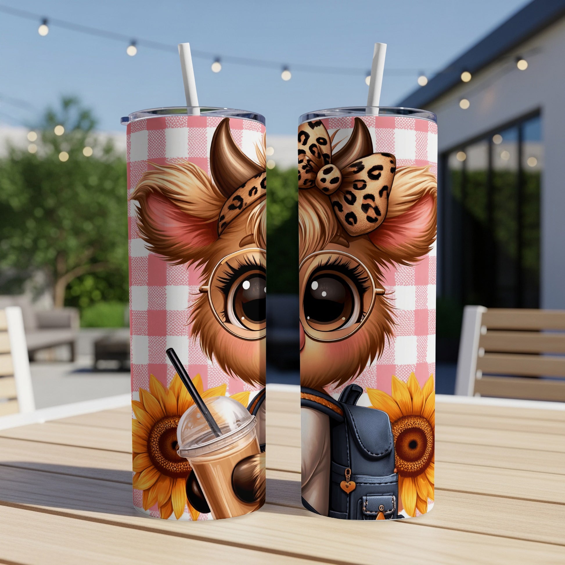 Cow graphic tumbler with sunflowers and iced coffee.