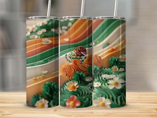 Three tumblers with Mexican flag colors and floral designs.