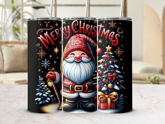 Santa Claus with Christmas tree and presents on black background.