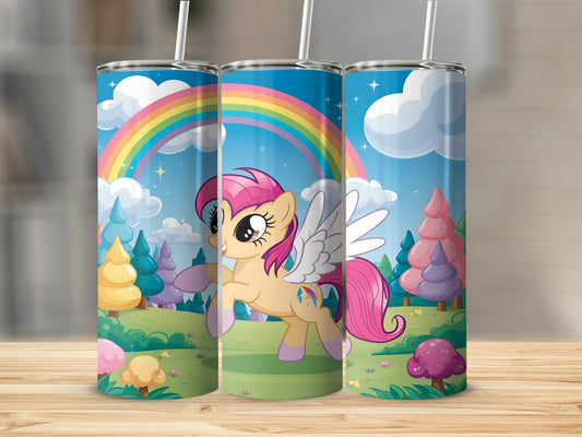 Pink winged pony with rainbow and cartoon trees on a tumbler.