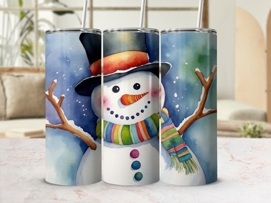 Watercolor snowman with rainbow striped scarf and black hat.