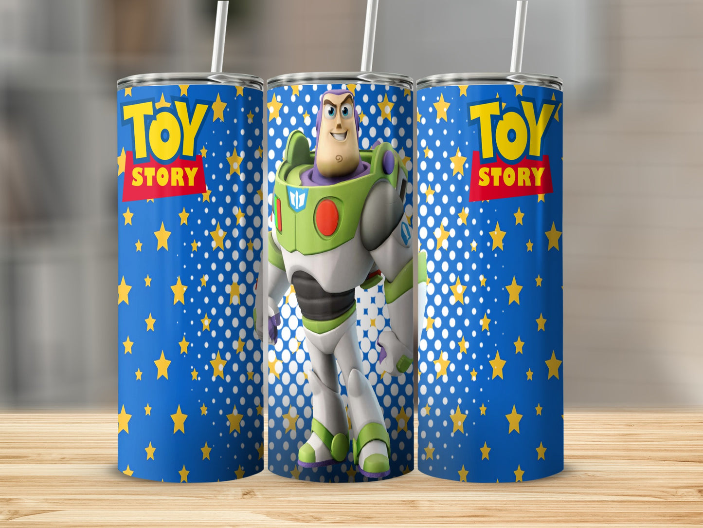 Toy Story Buzz Lightyear tumbler with blue background and yellow stars.