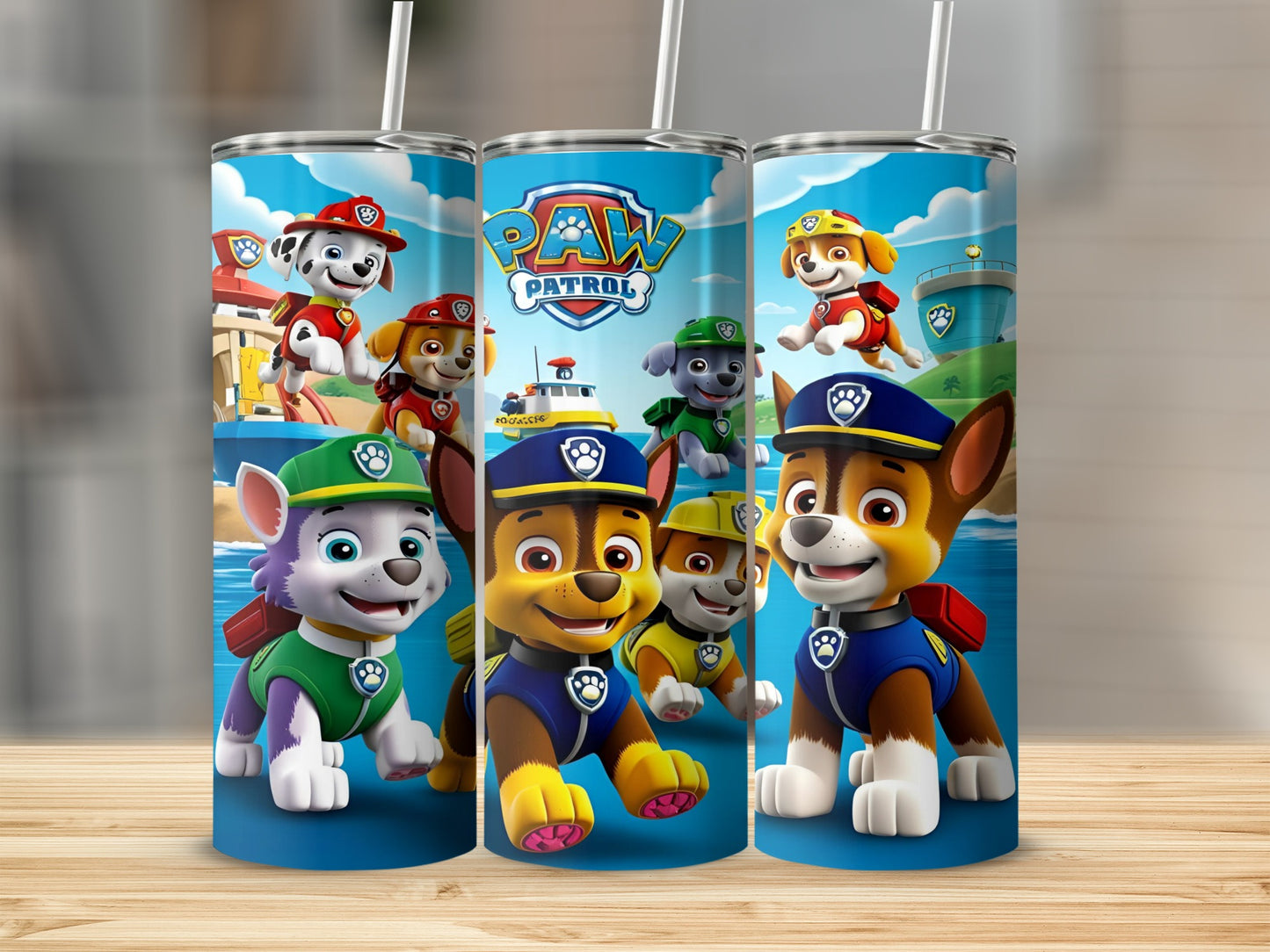 Paw Patrol characters on blue tumblers with water and buildings.