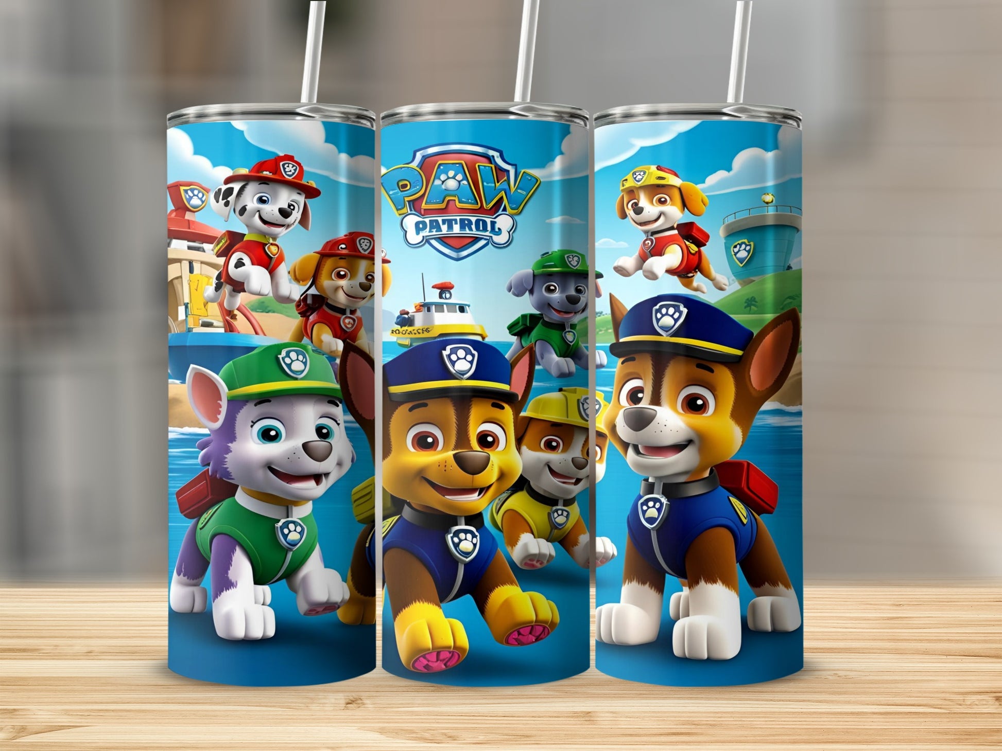 Paw Patrol characters on blue tumblers with water and buildings.