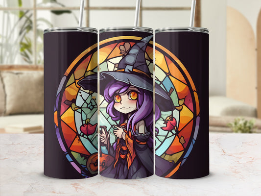 Witch with purple hair in stained glass design on tumbler.