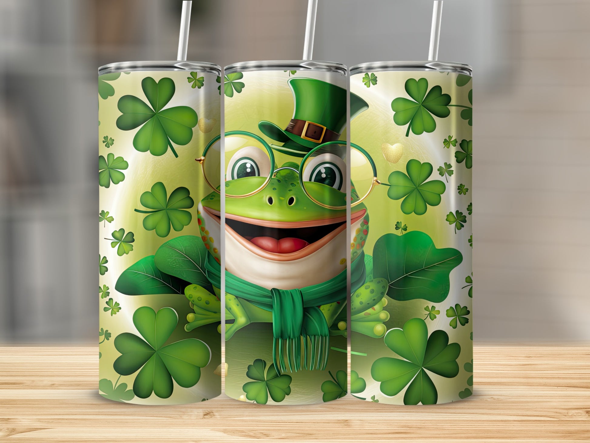 Green frog wearing glasses, hat, and scarf, surrounded by shamrocks and hearts.