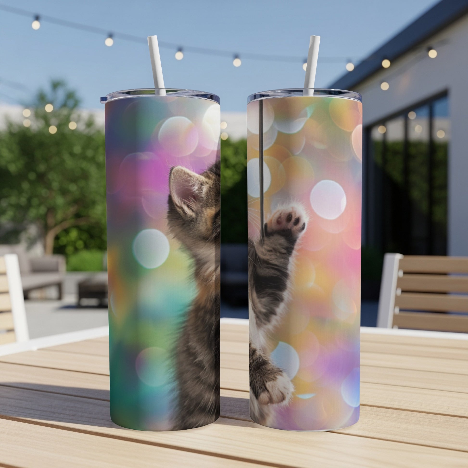 Two tumblers with a playful kitten and bokeh background.