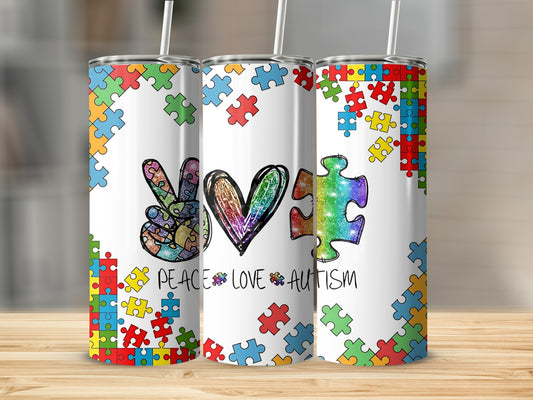 Peace Love Autism Colorful Puzzle Design Tumbler