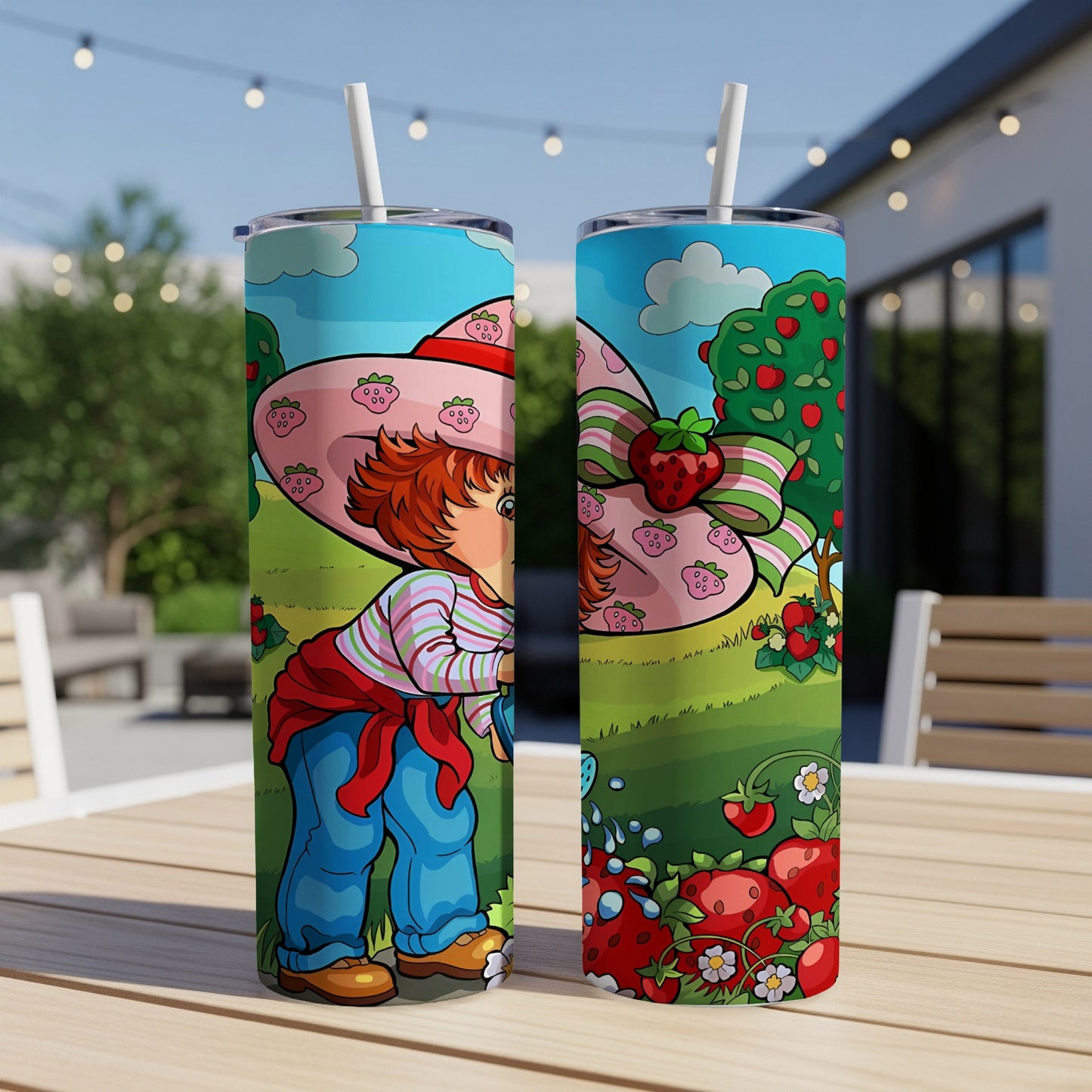 Strawberry Shortcake character on a tumbler with strawberries and nature background.