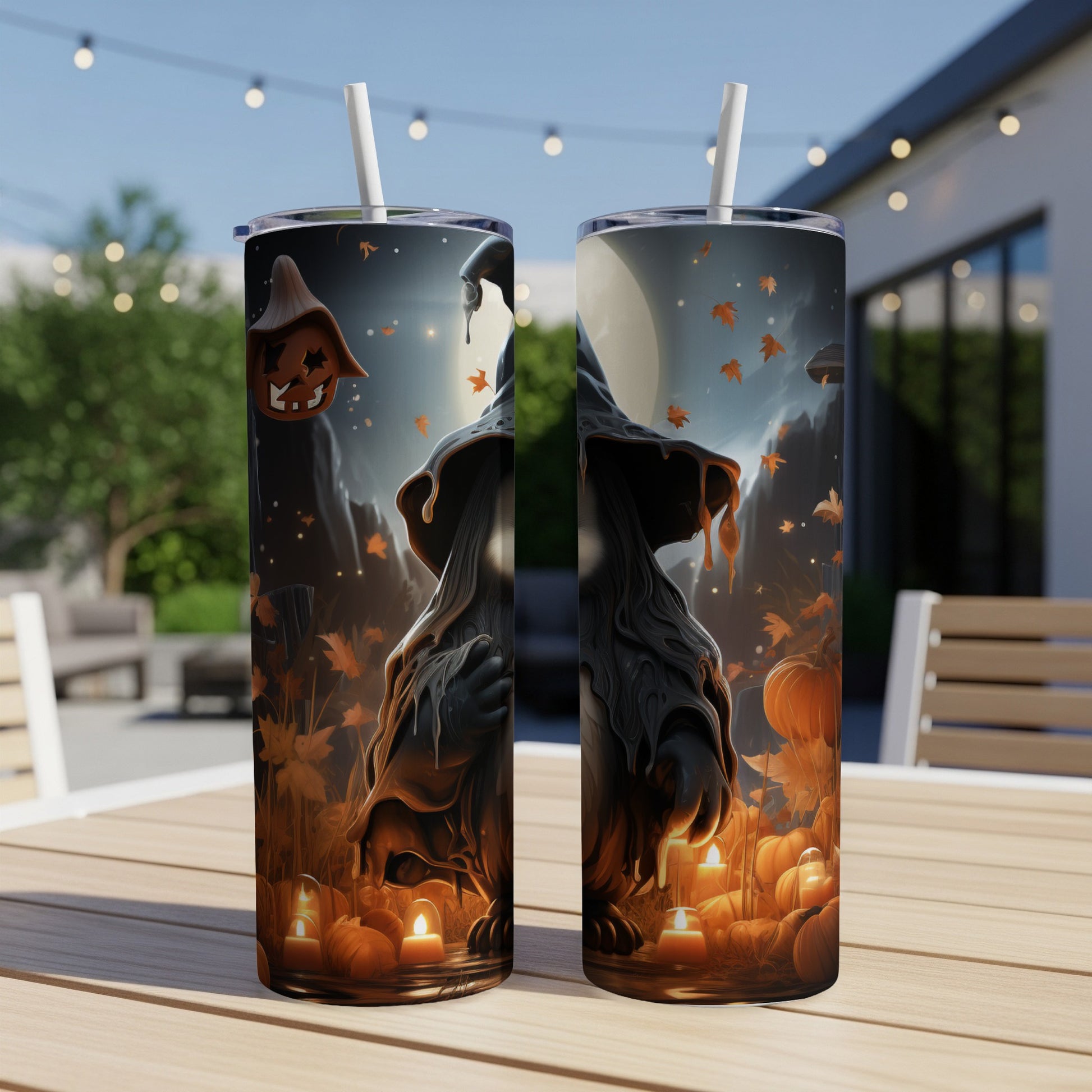 Two tumblers with Halloween scarecrow and pumpkin graphics sit on a wooden table.