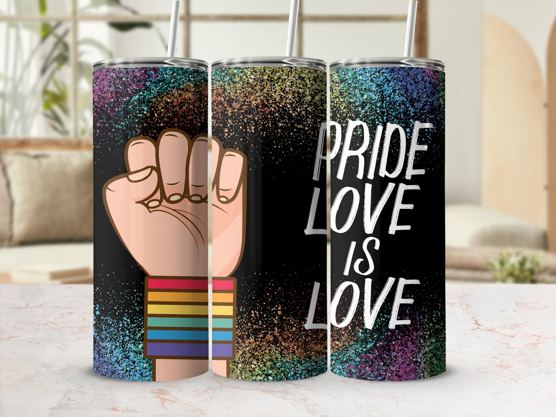 Black tumbler with raised fist, rainbow stripes, and "Pride is Love" text.