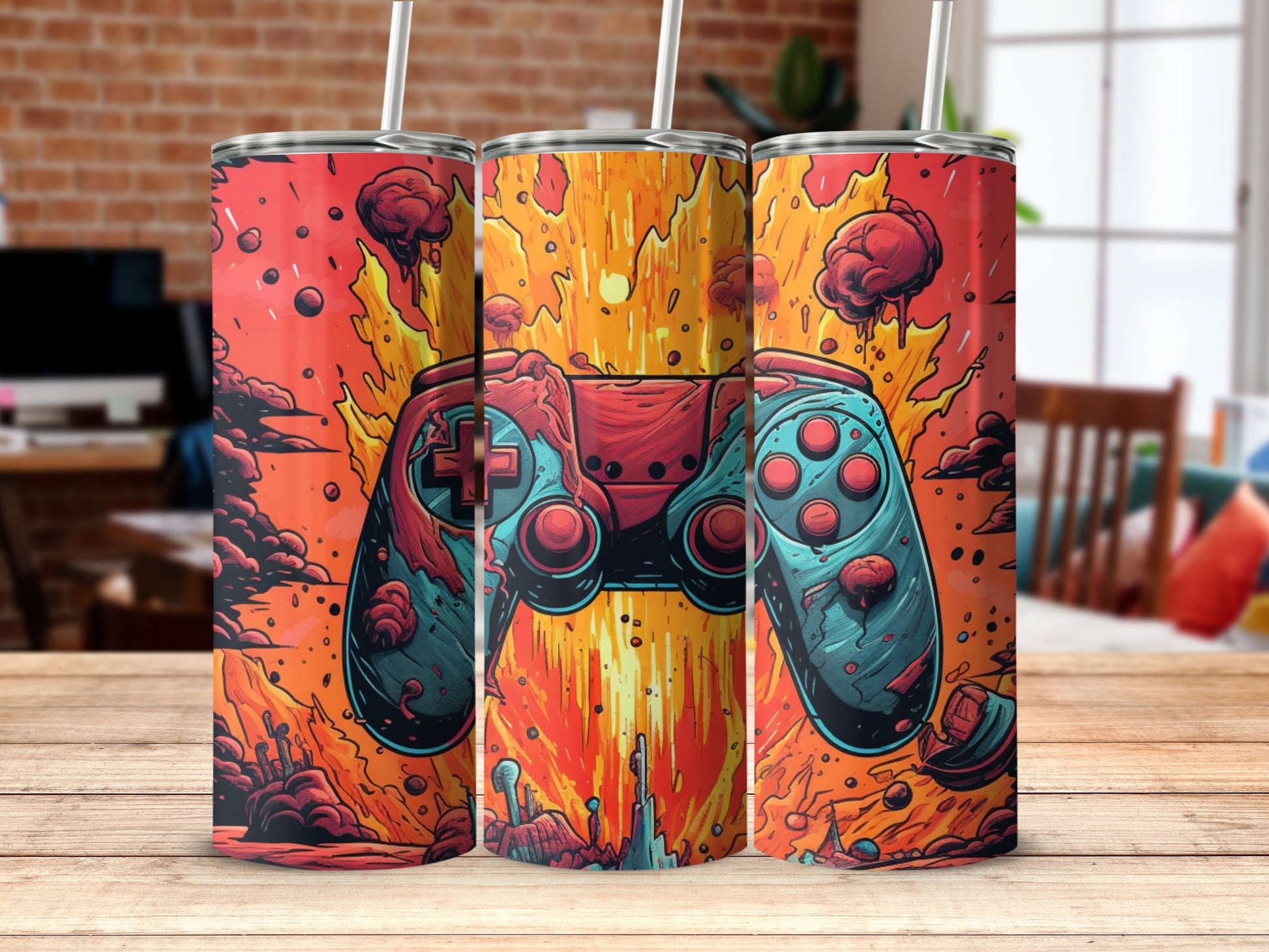 Vibrant Game Controller Explosion Art Tumbler