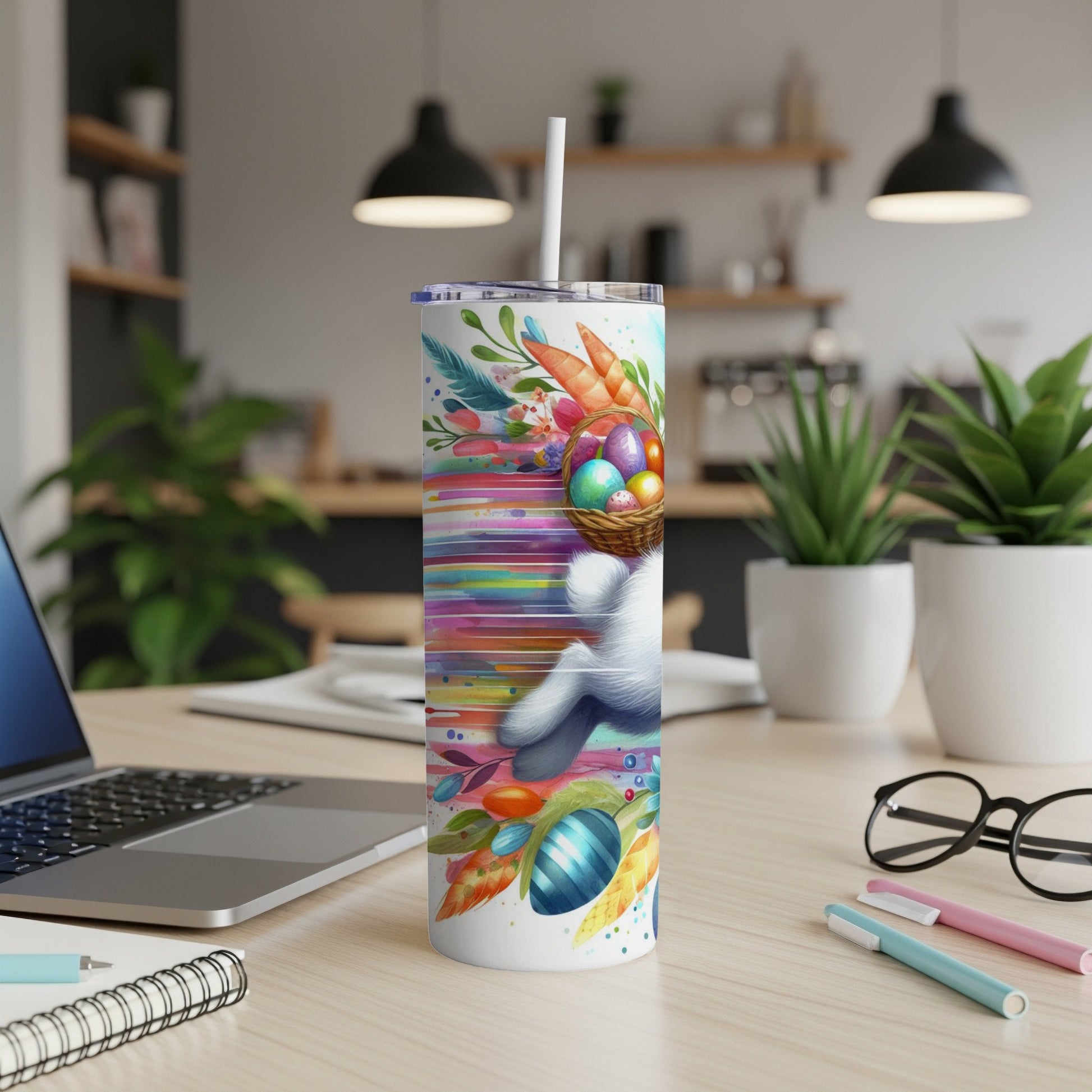Easter tumbler with colorful eggs, carrots, and a bunny basket.