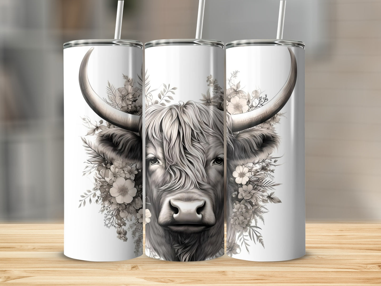 Gorgeous Highland Cow and Floral Design Tumbler Set