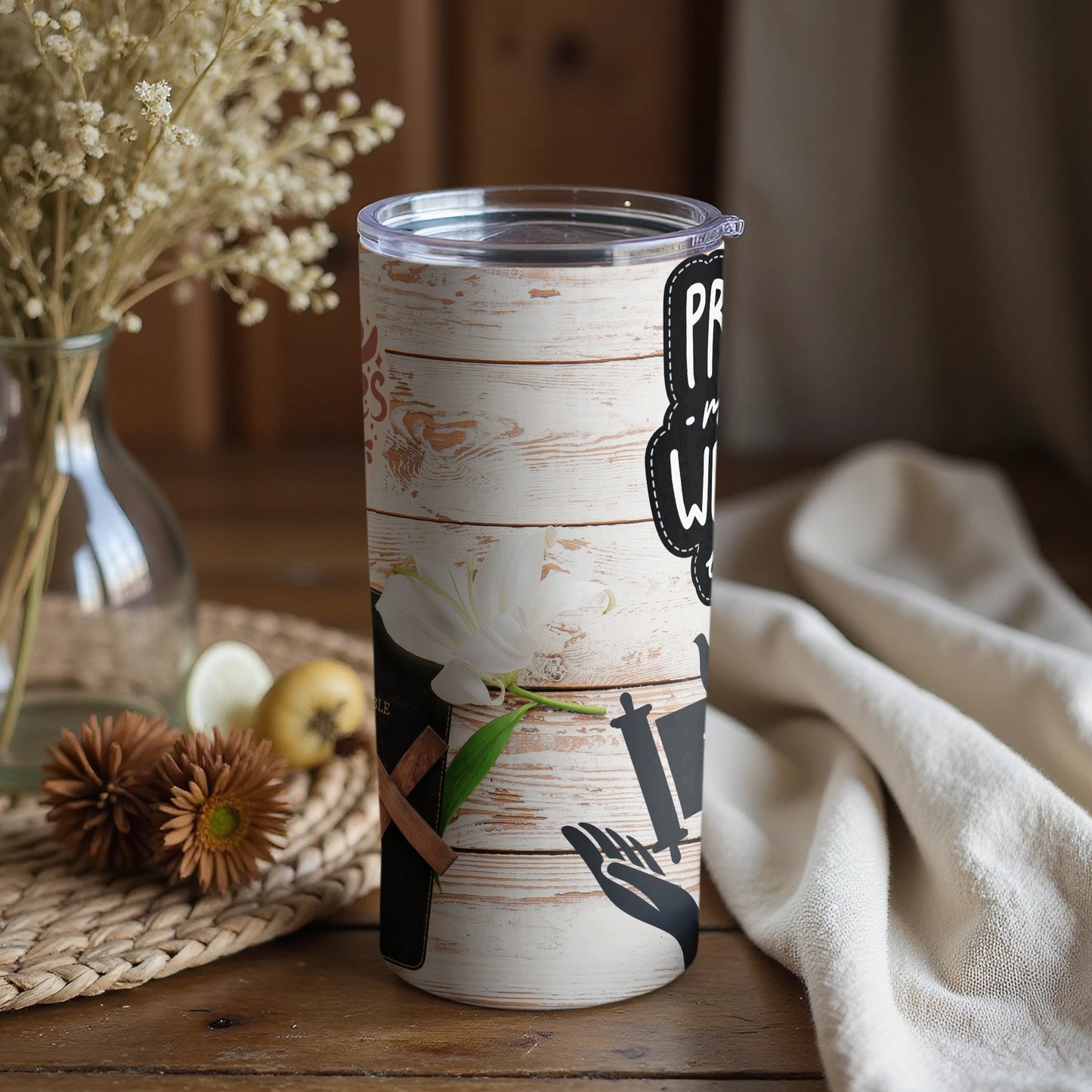 Vintage Wooden-themed Travel Mug with Floral Accents
