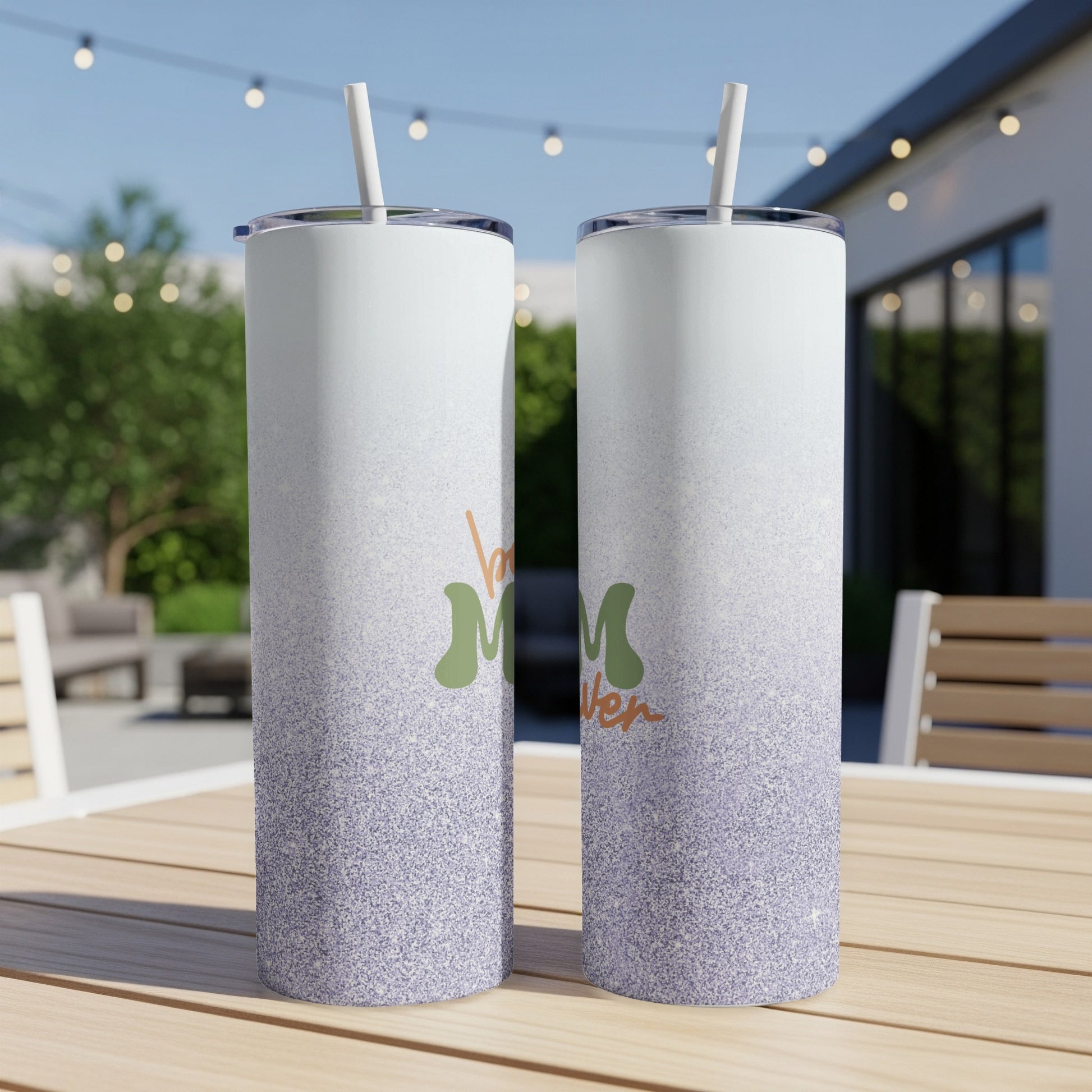 Tall tumbler with "Mom Life" text and a purple glitter gradient.