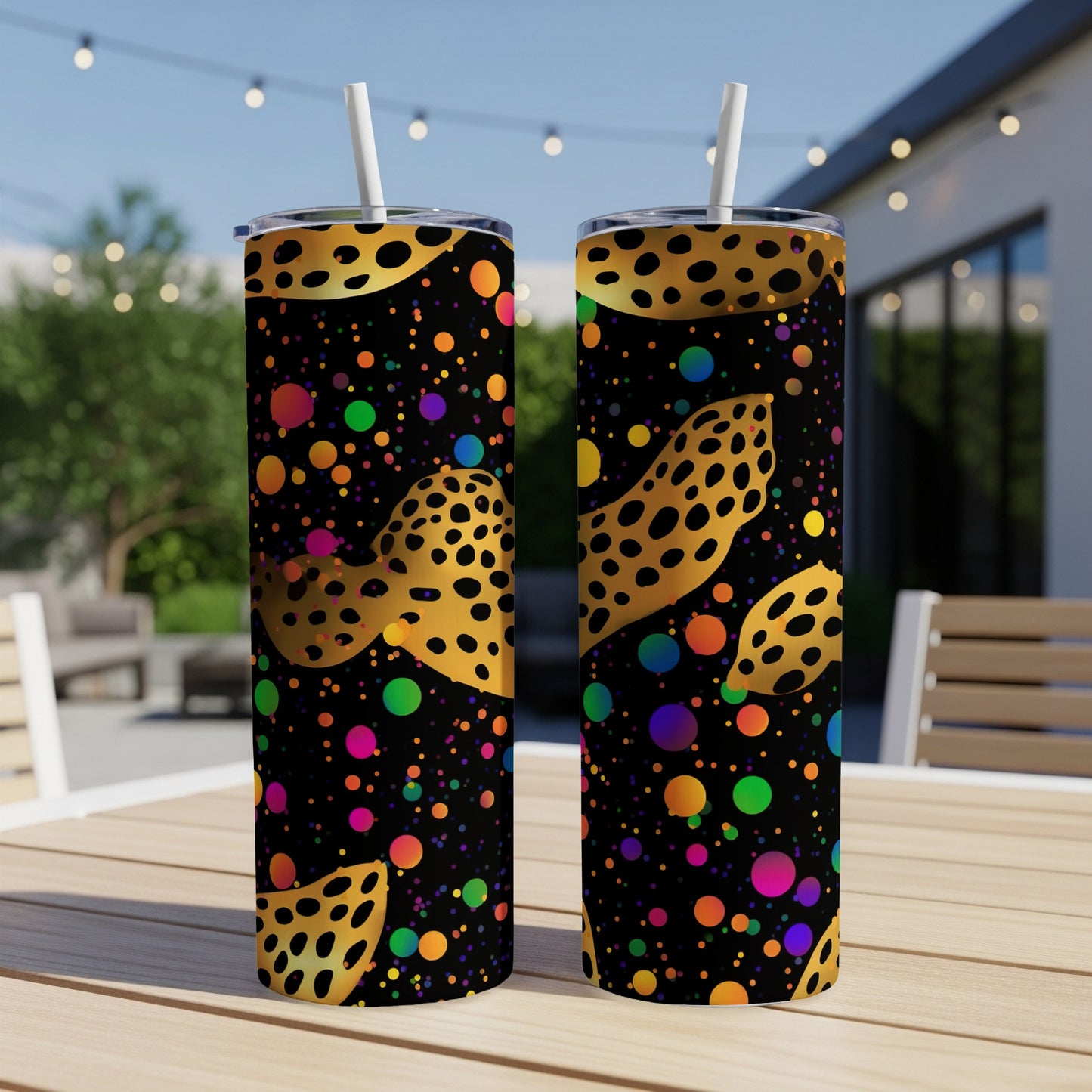 Two tumblers with black background and colorful polka dots and gold leopard print.