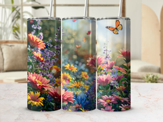 Three tumblers with vibrant floral designs, featuring daisies, sunflowers, and butterflies.