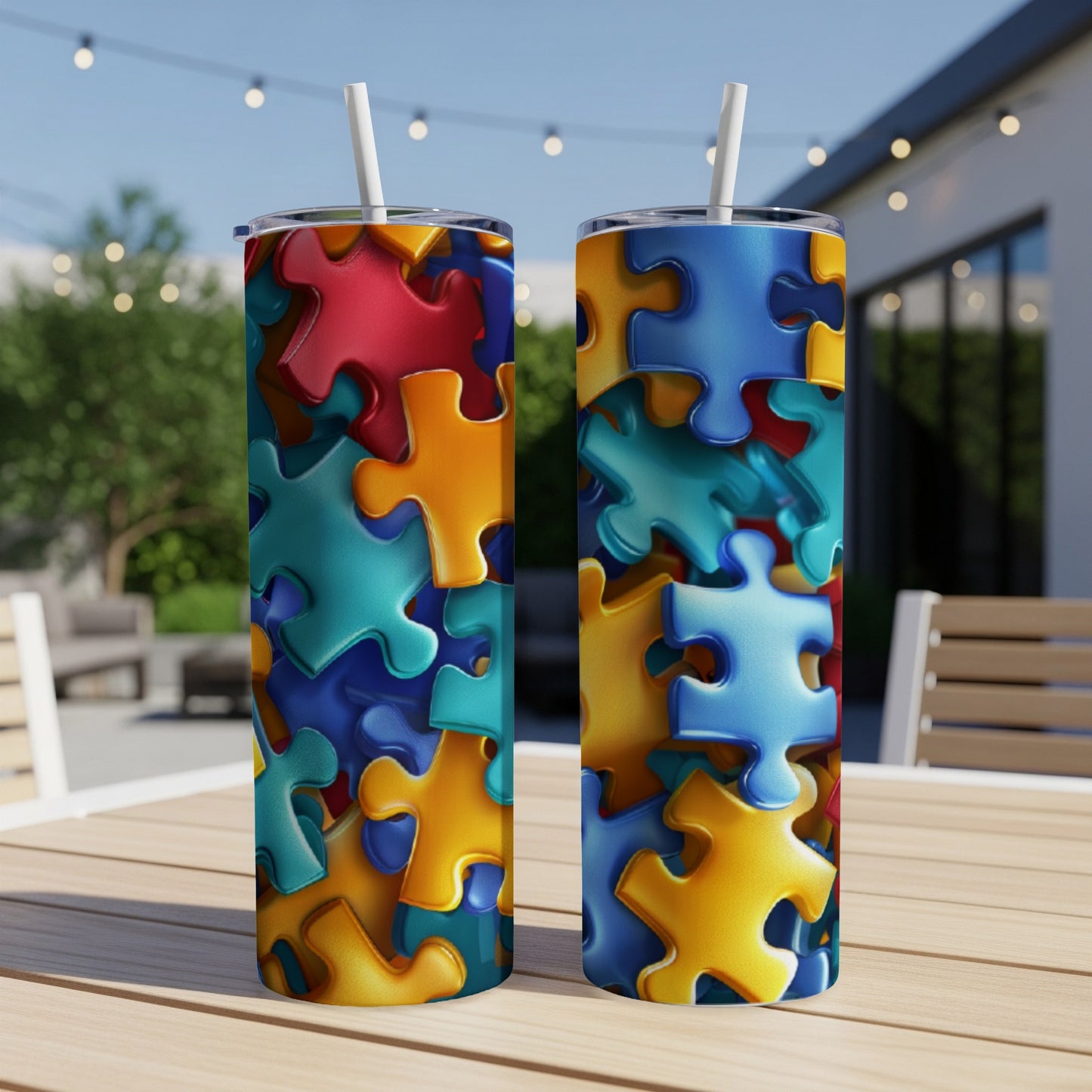 Two colorful puzzle piece tumblers on a wooden table with blurred outdoor background.