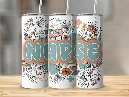 Tall tumbler with "Nurse" text and floral, medical motifs.