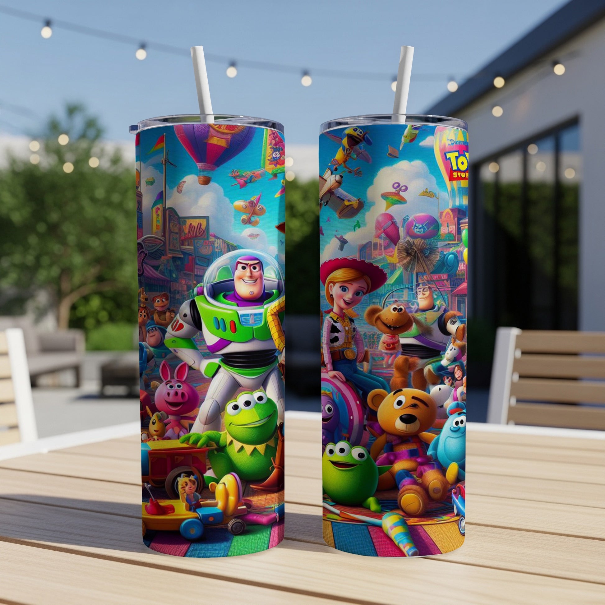 Toy Story characters Buzz Lightyear, Woody, and friends on a colorful tumbler.