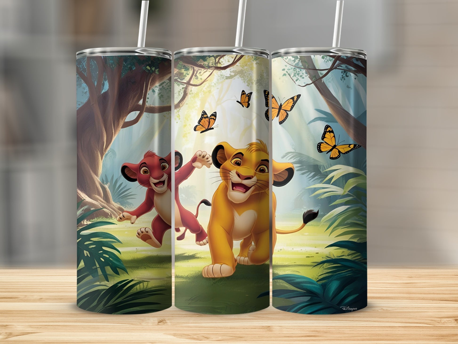 Simba and Nala from The Lion King running through a forest.