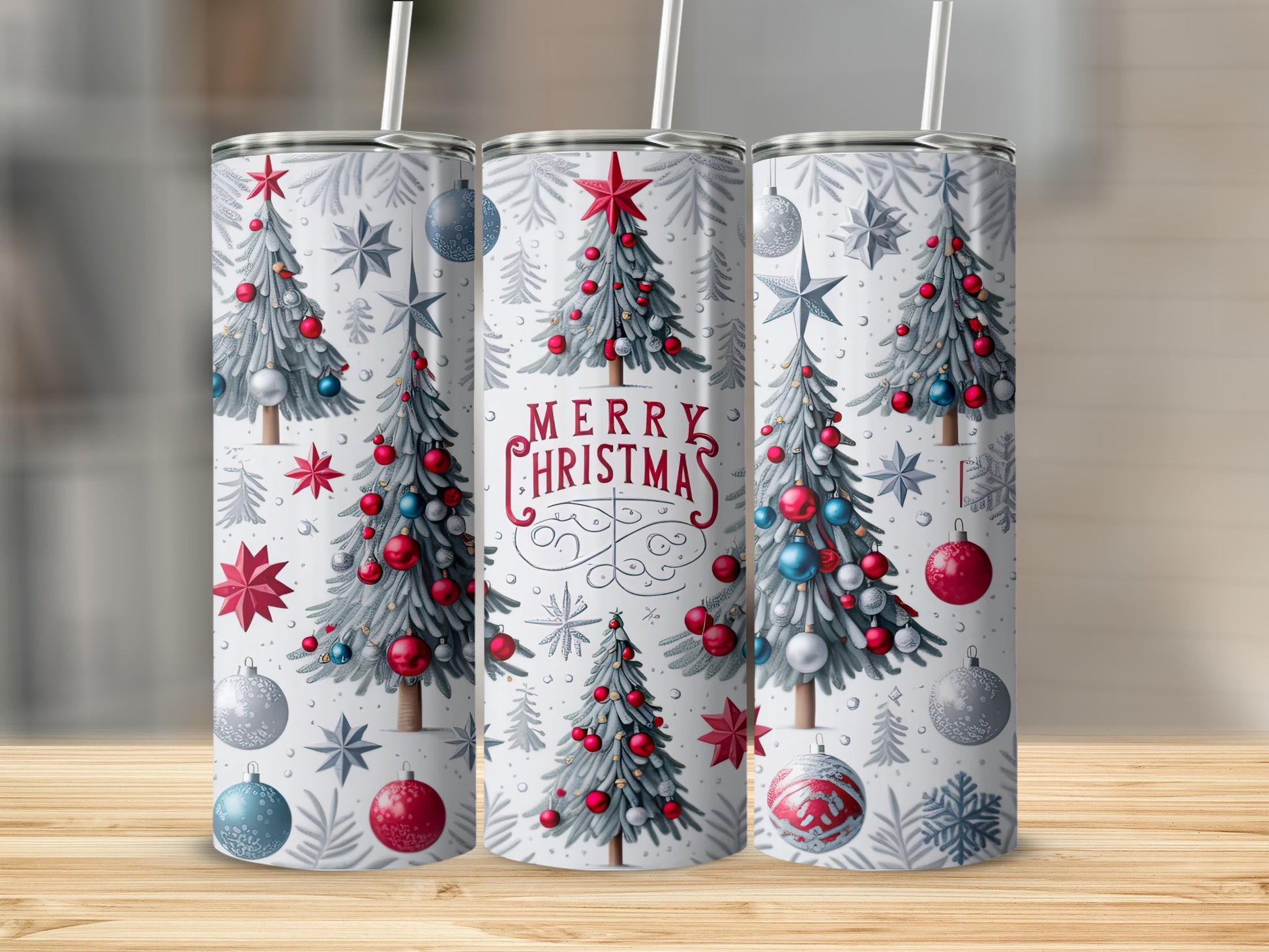 Merry Christmas tumbler with festive trees, ornaments, and snowflakes.