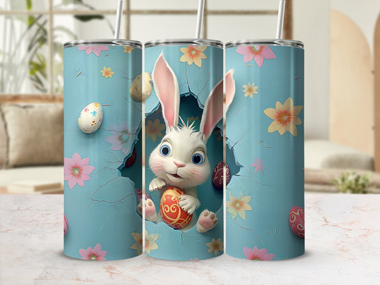 Easter bunny with eggs and flowers on a light blue cracked background.