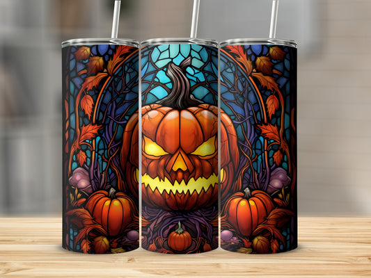 Three Halloween tumblers featuring a jack-o'-lantern and stained-glass style background.
