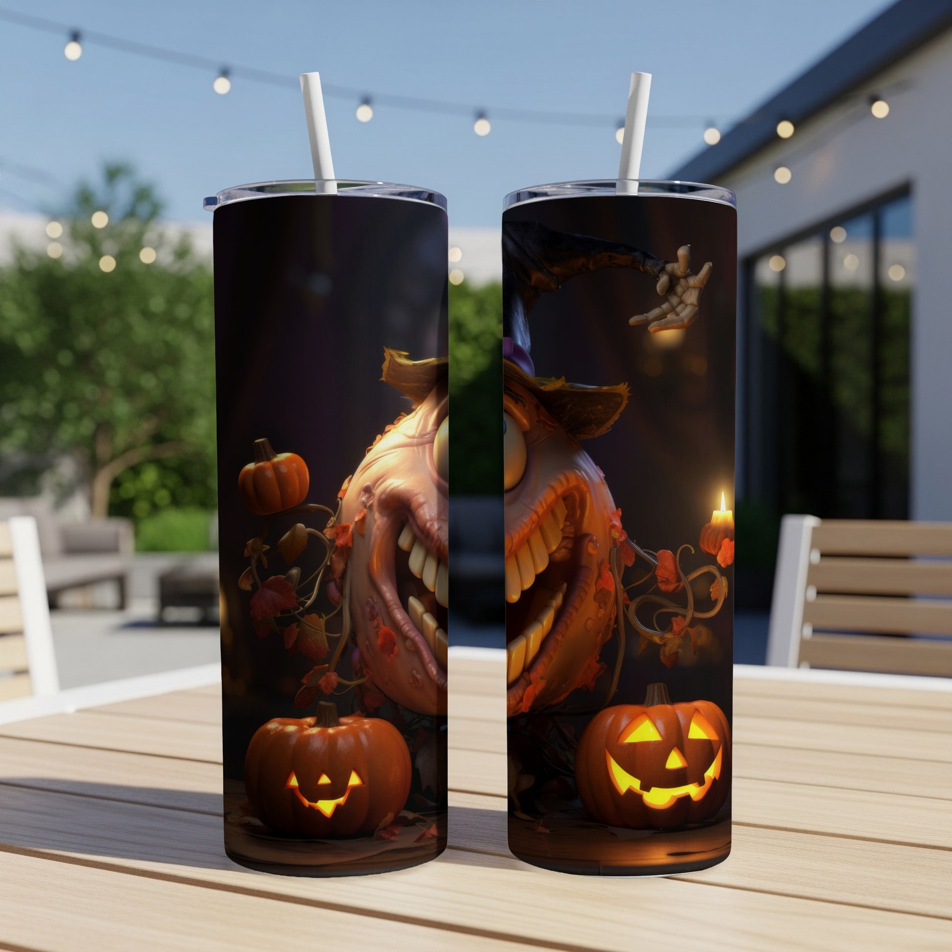 Two tumblers with a spooky Halloween pumpkin character and carved pumpkins.