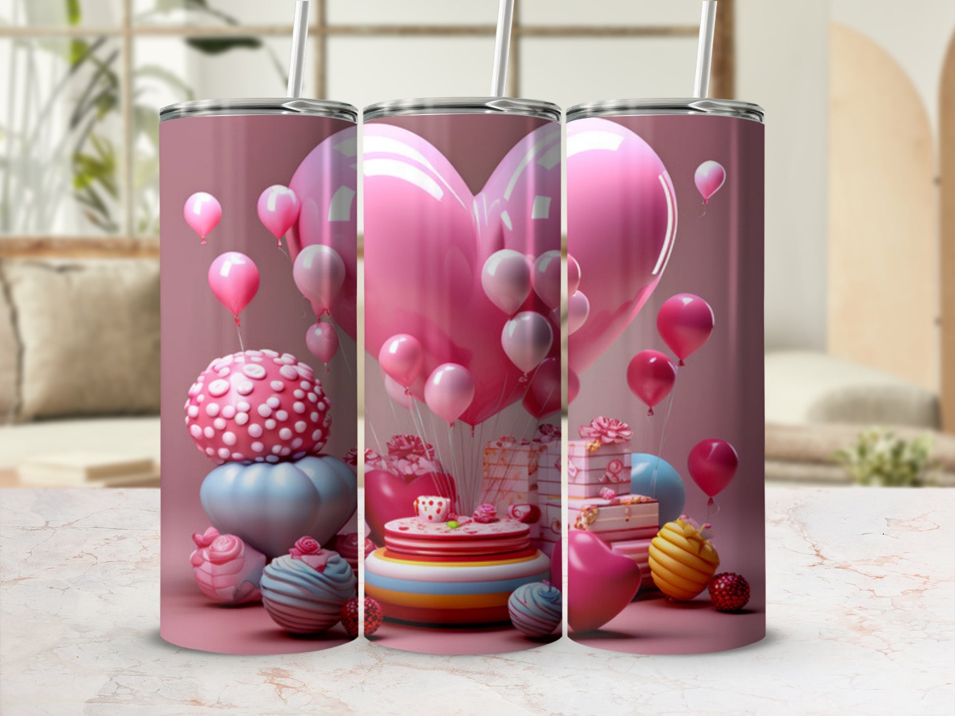 Pink heart balloons, gift boxes, and colorful decorations on a pink tumbler mockup.