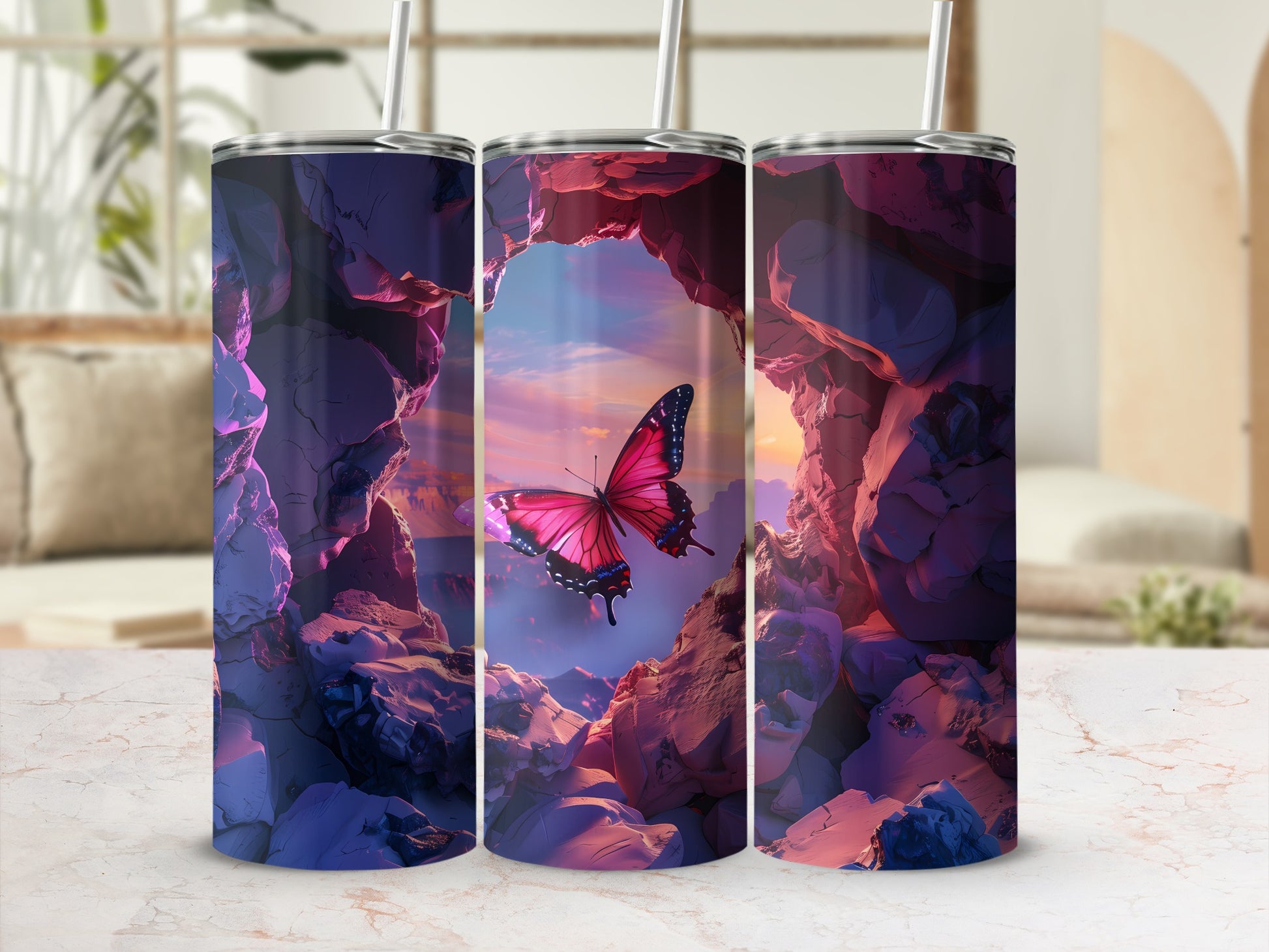 Pink butterfly emerging from a rocky cave opening at sunset.
