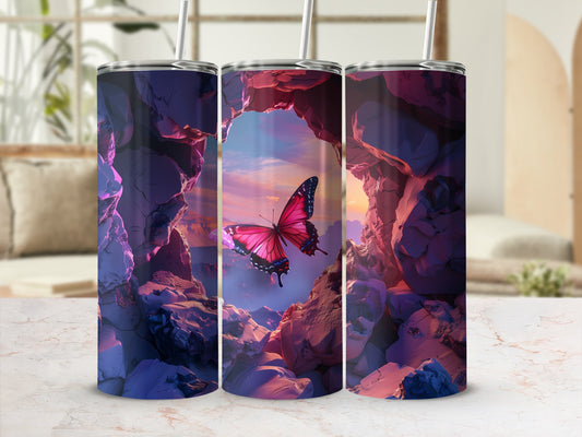 Pink butterfly emerging from a rocky cave opening at sunset.