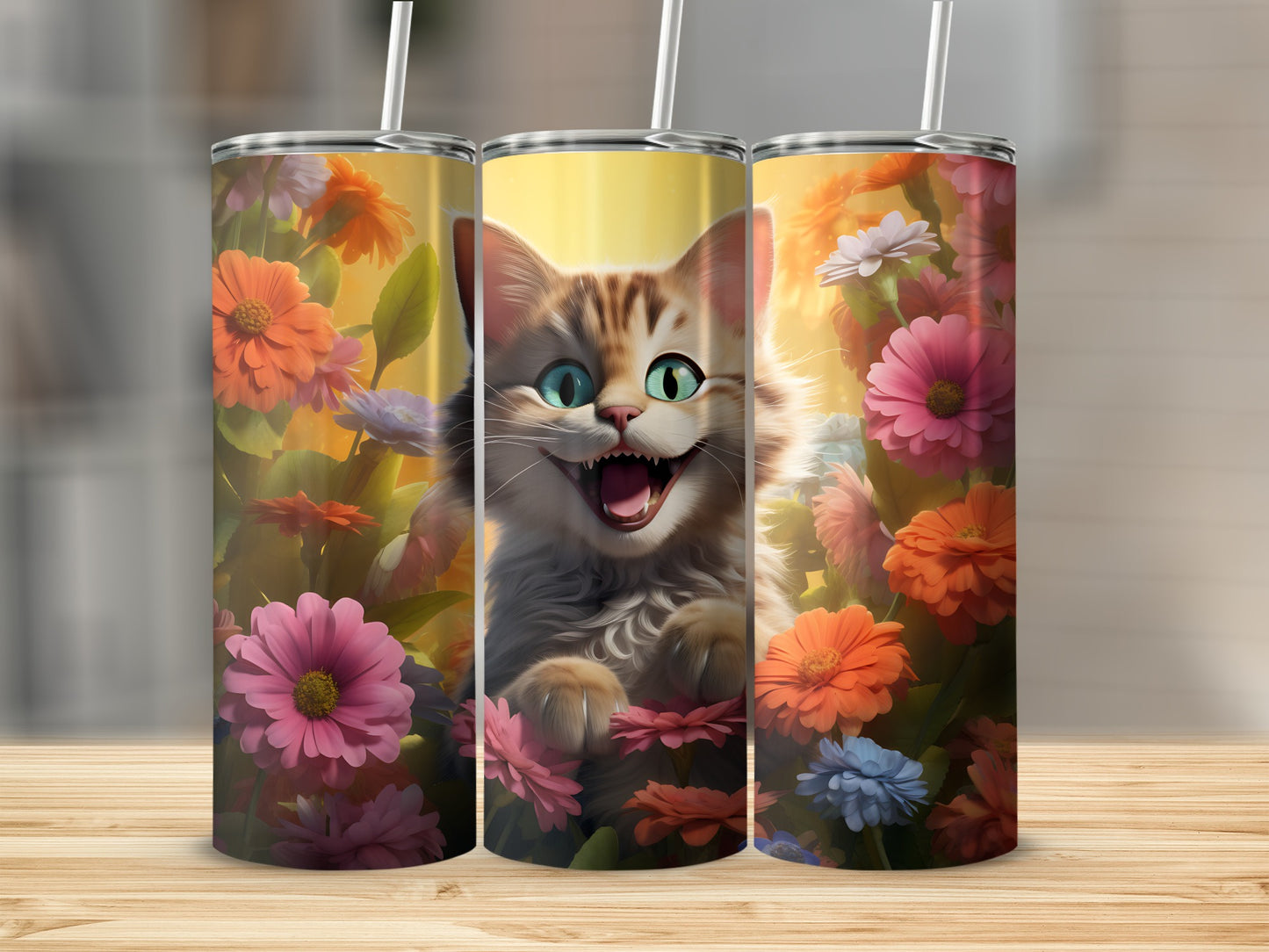 Happy cartoon cat face with blue eyes surrounded by colorful flowers.