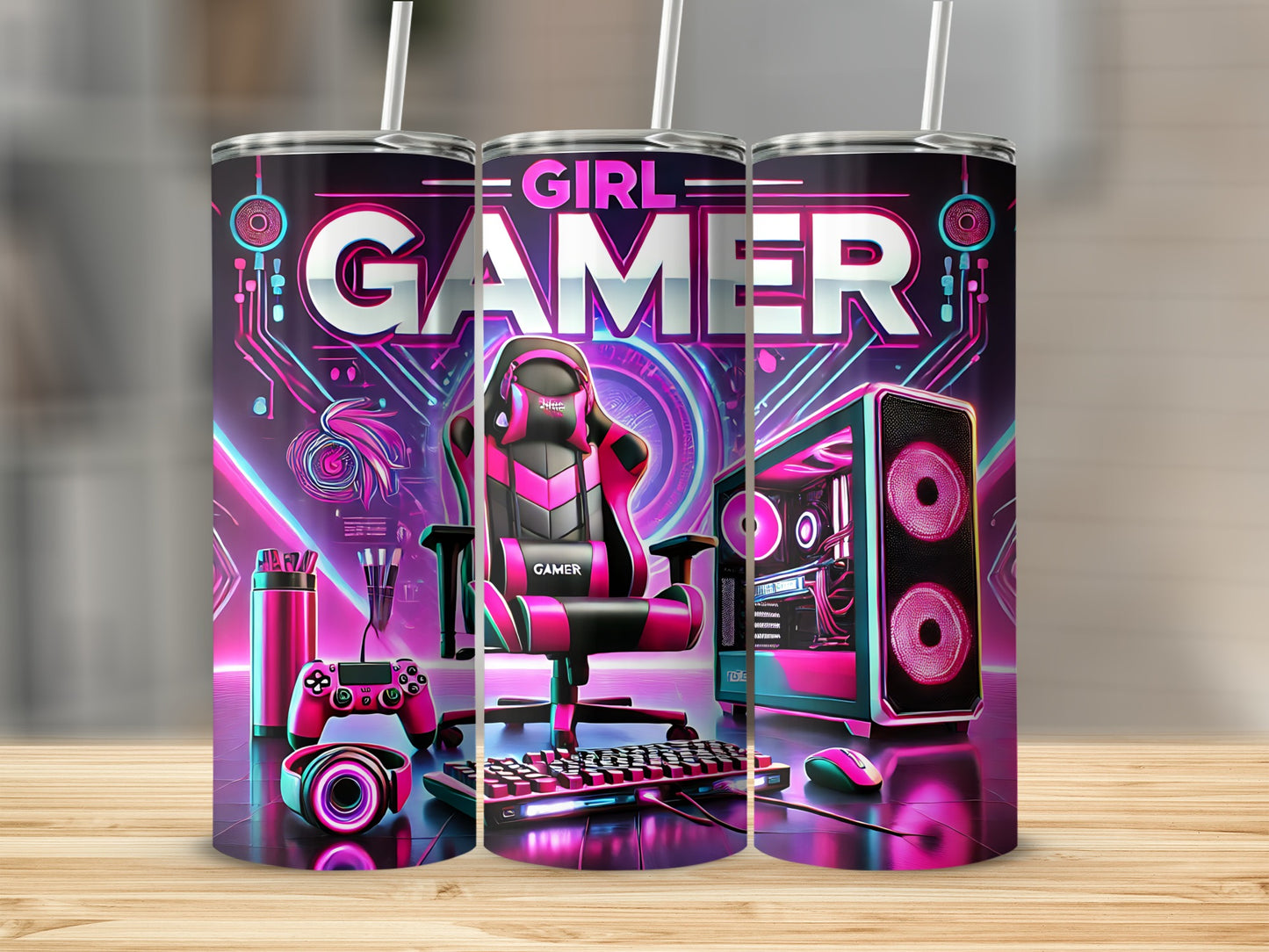 Gamer tumbler with gaming chair, computer, and accessories.