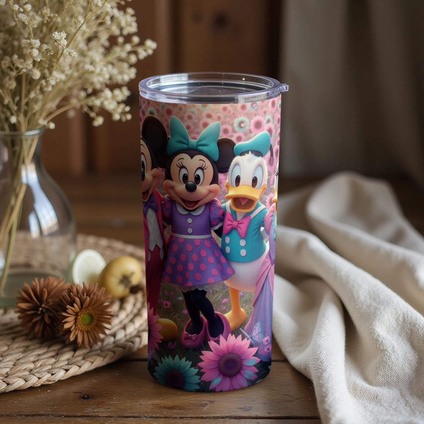 Colorful Disney Characters on Floral Tumbler