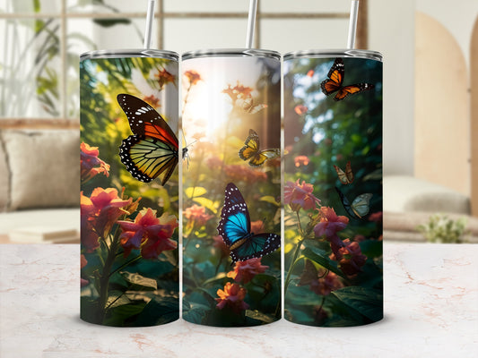 Three tumblers featuring colorful butterflies and flowers against a bright, sunny background.