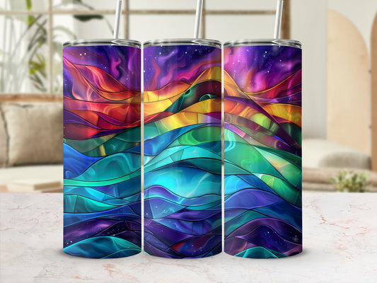 Three tumblers with colorful stained glass-inspired cosmic wave pattern.