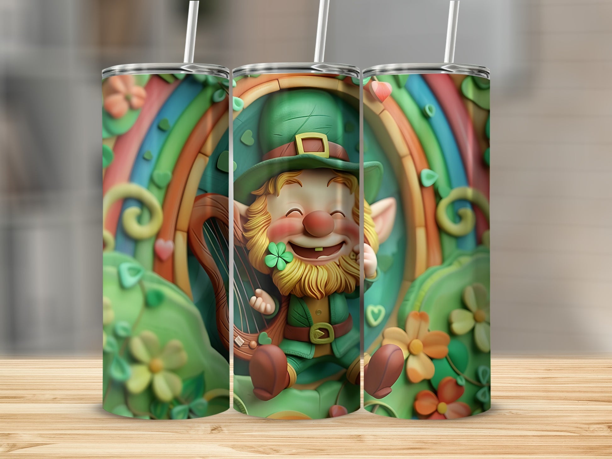 Leprechaun with harp and clover on rainbow background, Saint Patrick's Day tumbler.