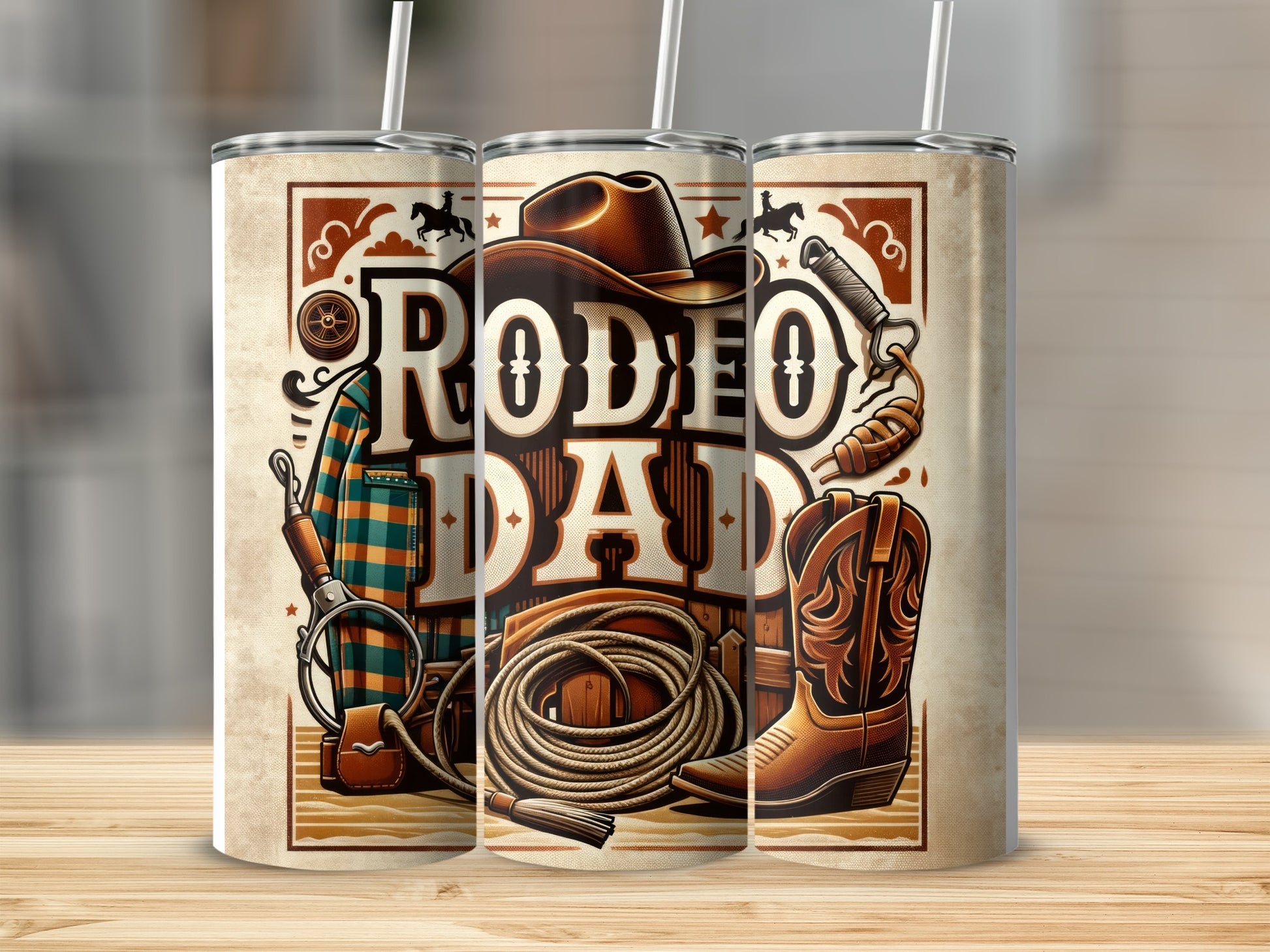 Rodeo Dad tumbler with cowboy hat, boots, and lasso.