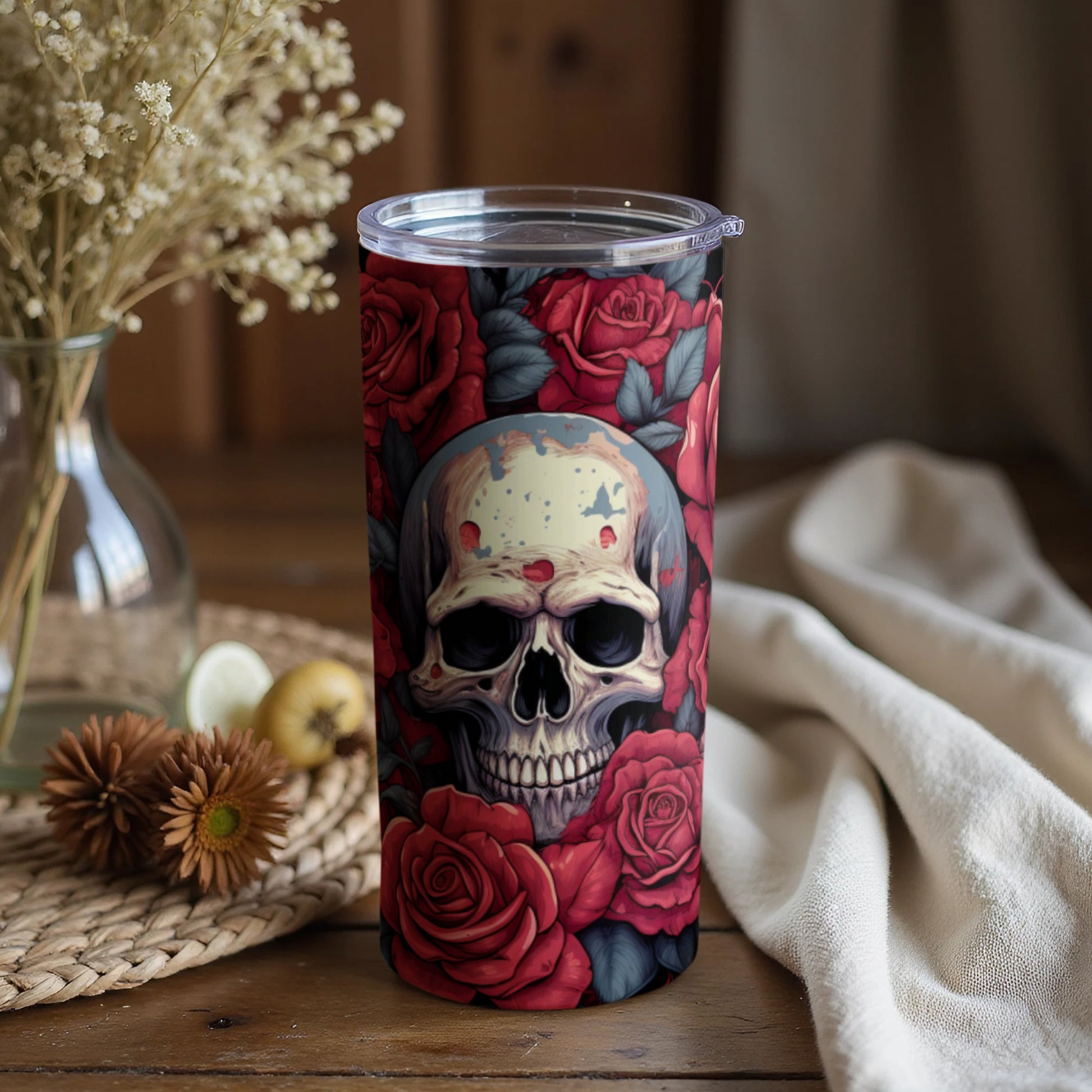 Skull and Roses Insulated Tumbler with Lid Design