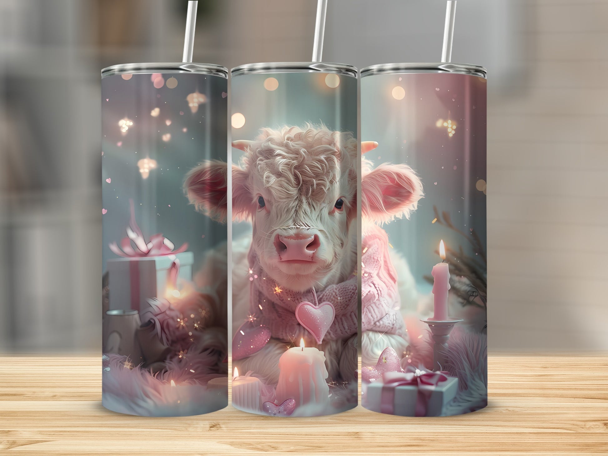 Three tumblers with a fluffy calf, gifts, and candles, soft focus.