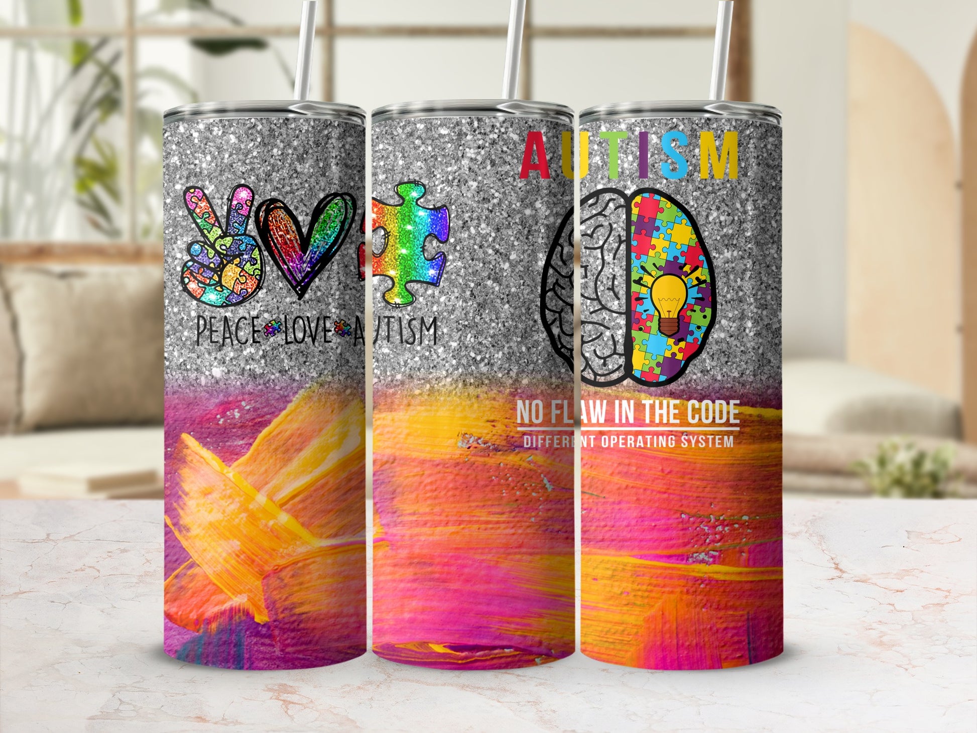 Glittery tumbler with "Autism" text, peace sign, and brain graphic.