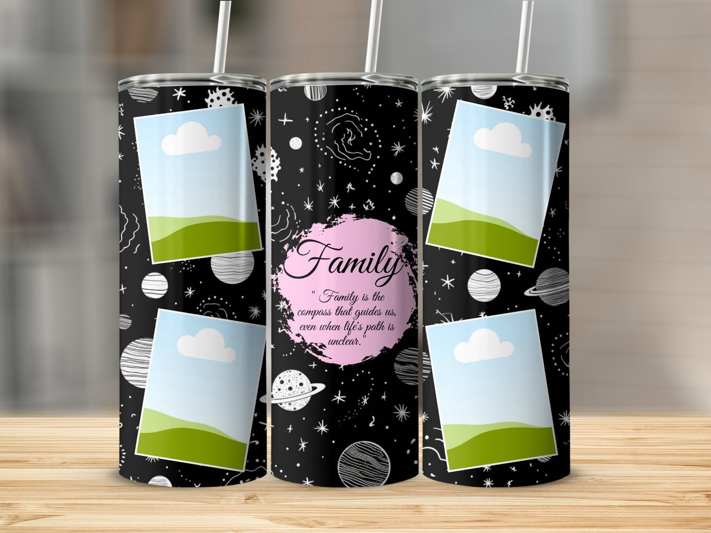 Tall tumbler with black background, space pattern, and quote about family.