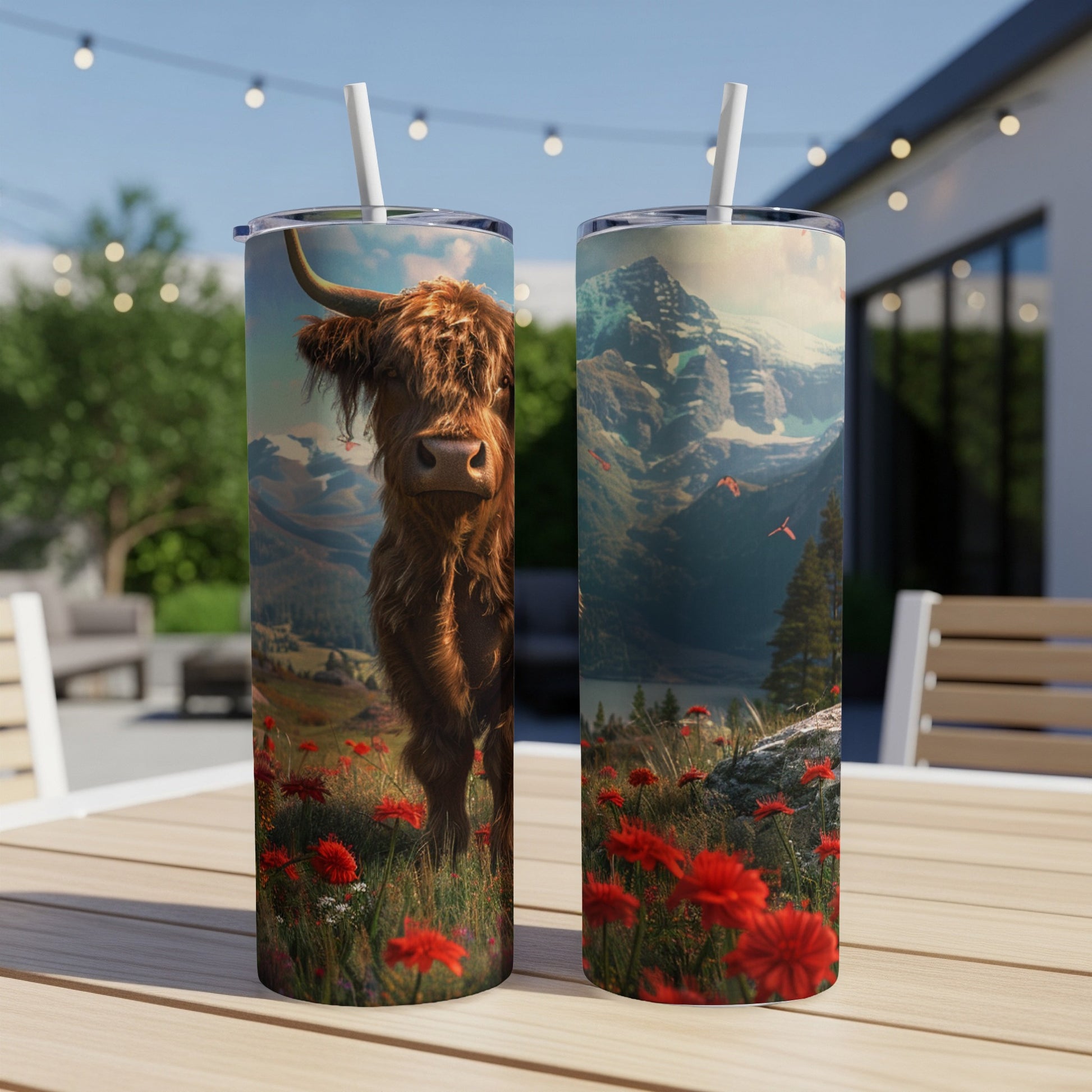 Highland cow and mountain landscape on two tumblers.